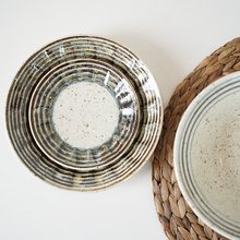 日本进口线筋条纹美浓烧日式复古磨砂粗陶瓷餐具大深菜盘面碗碟子