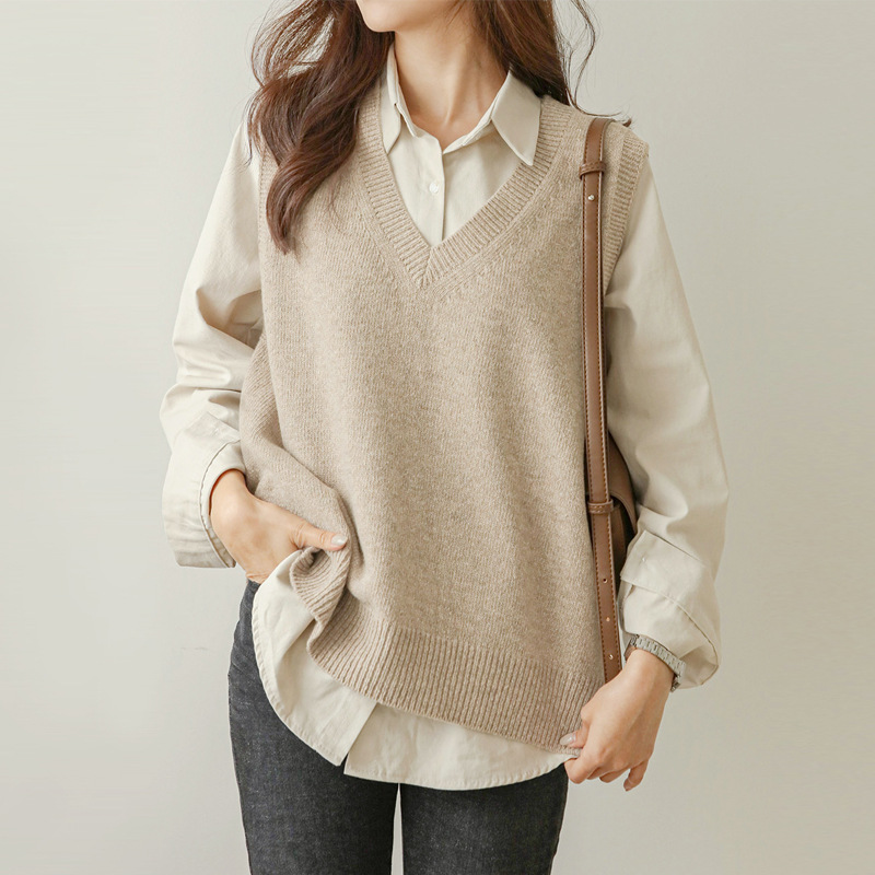 针织马甲女春季外穿新款马夹宽松韩版v领毛衣背心毛线坎肩
