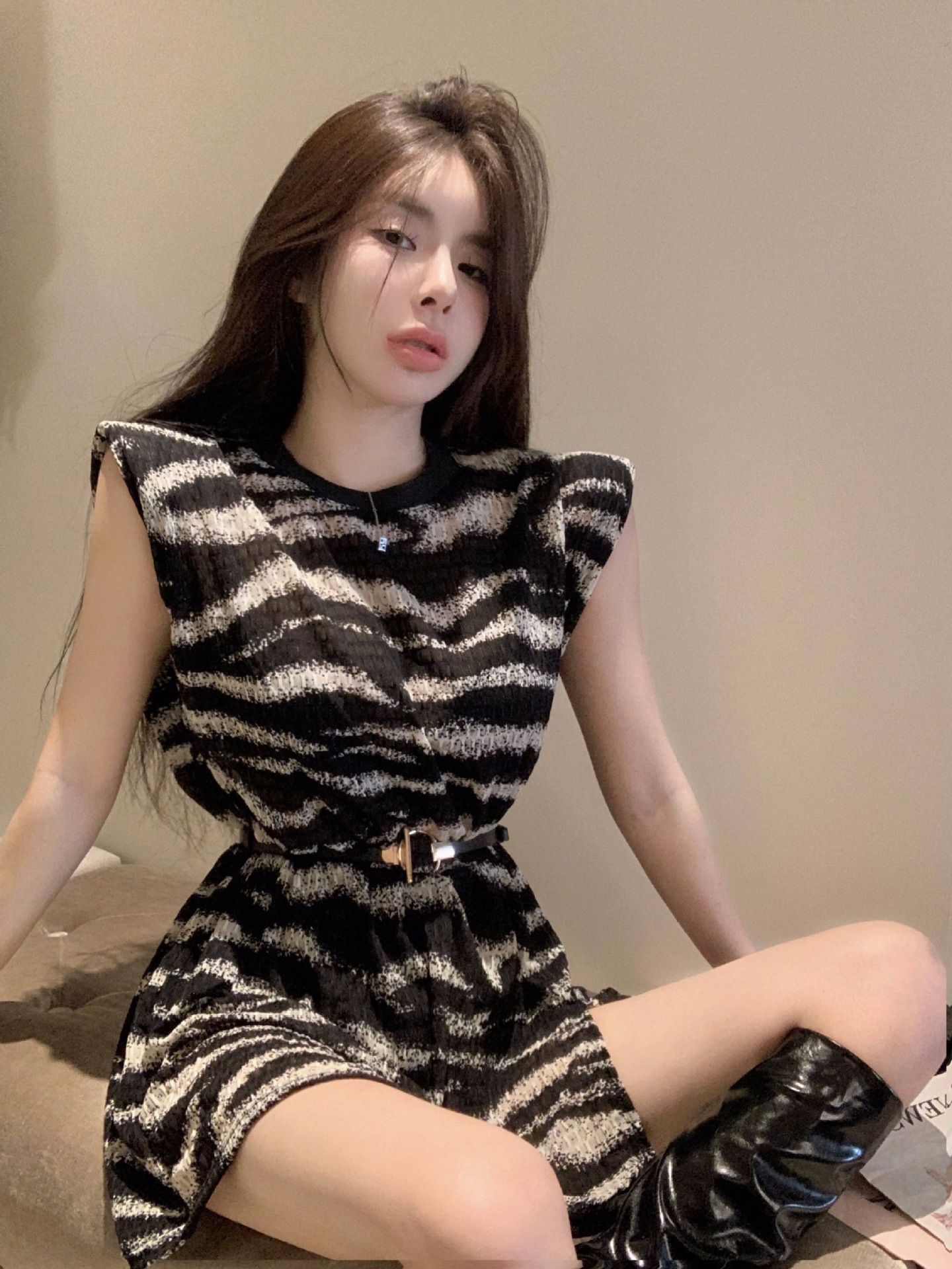 夏季御姐风斑马条纹上衣女无袖t恤中长款开叉性感收腰气质连衣裙