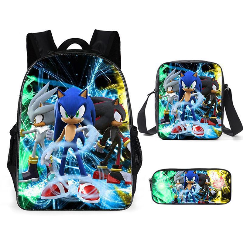 Cross-Border Hot Selling Sonic Elementary School Student Schoolbag Three-Piece Set Cartoon Animation Backpack Shoulder Bag Pencil Case