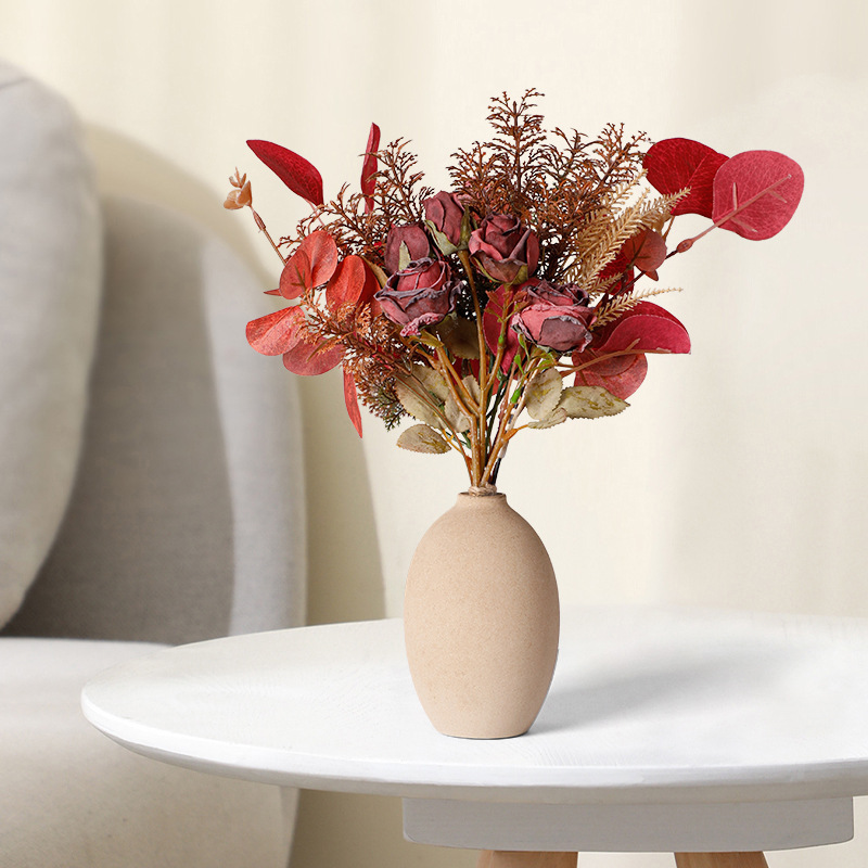 跨境秋系黄色仿真花摆件居家茶几电视柜尤加利叶花瓶插花把束批发