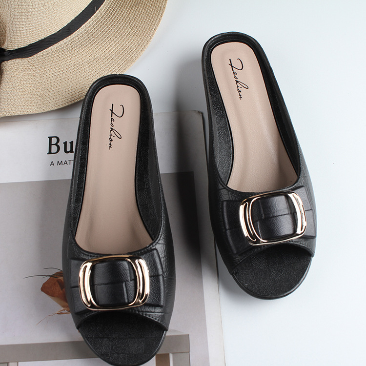 [Spot Delivery] Women's Summer Half Slippers Fashion Square Buckle Casual Thick Heel Outer Wear Flat Daily Sandals