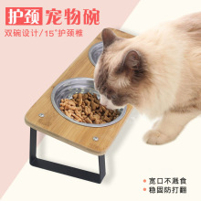 竹木板宠物碗架猫狗宠物不锈钢双碗猫饭盆狗食盆水碗饭碗跨境批发