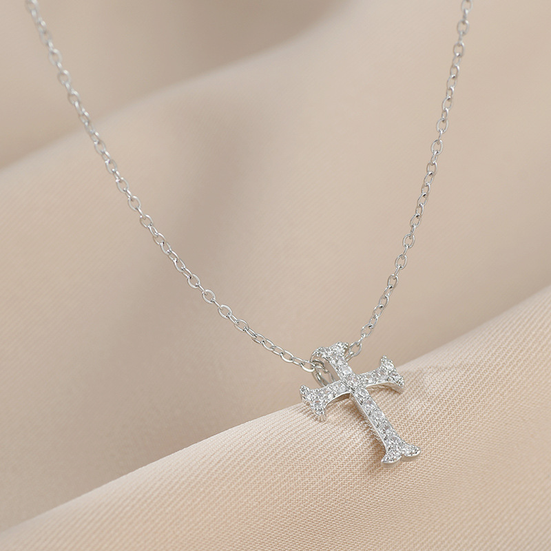 Cross-Border Supply Wish Amazon Hot Sale Real Gold Electroplated Zircon Cross Clavicle Chain Female European and American Style Sweater Chain