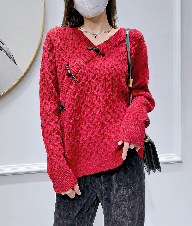 霓潮21111813 精品女装时尚羊毛衫中国风斜襟v领春节拜年红毛衣