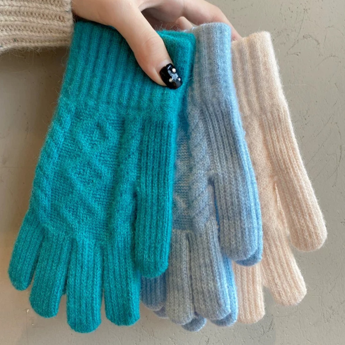 冬季成人保暖手套露两指触屏手套户外防寒针织提花毛线纯色手套