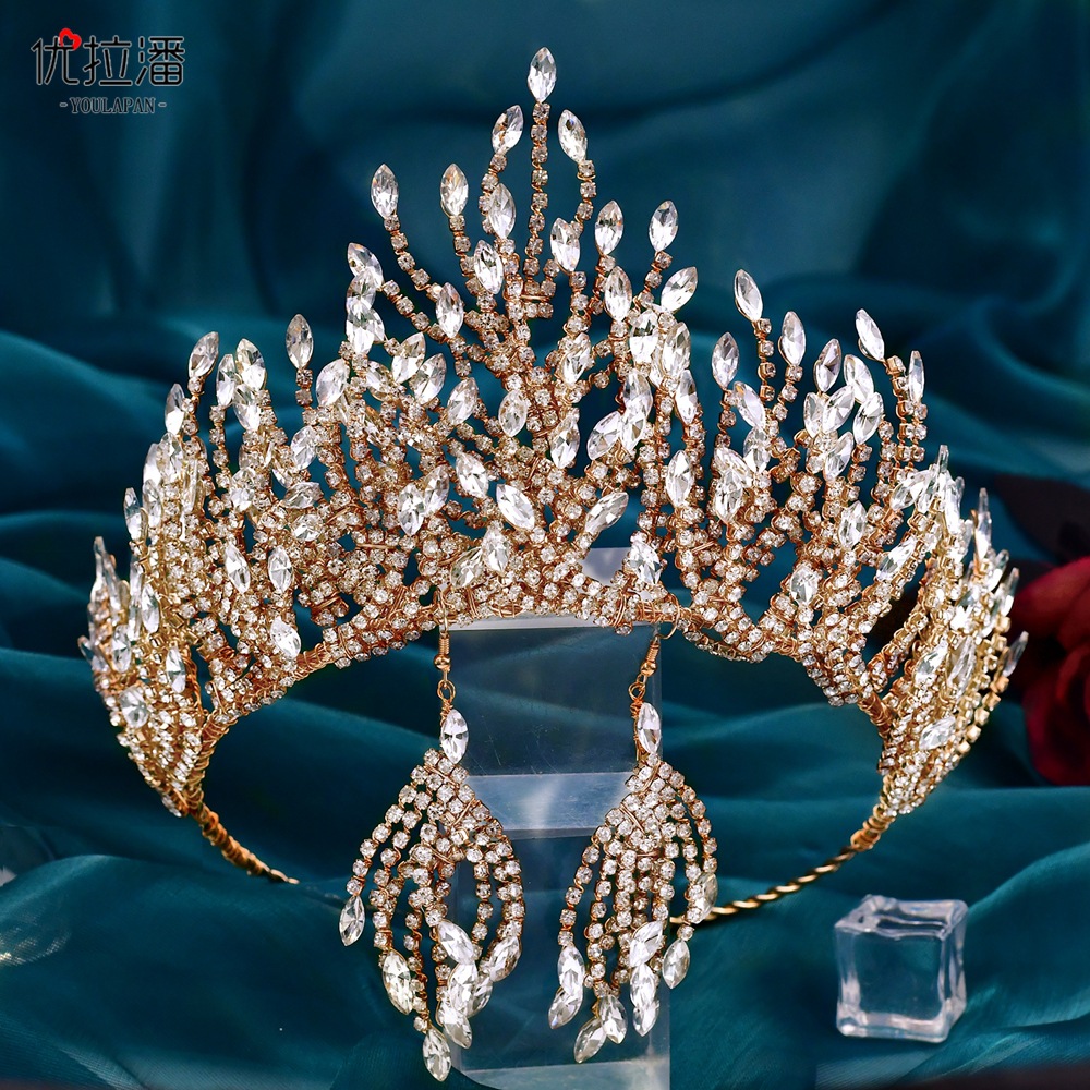 优拉潘 王冠皇冠新娘水钻镶嵌发箍耳环套装手工结婚配饰批发hp374