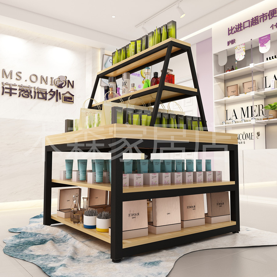 超市产品堆头中岛柜杂货架母婴店展示柜促销台三层流水展示台实木