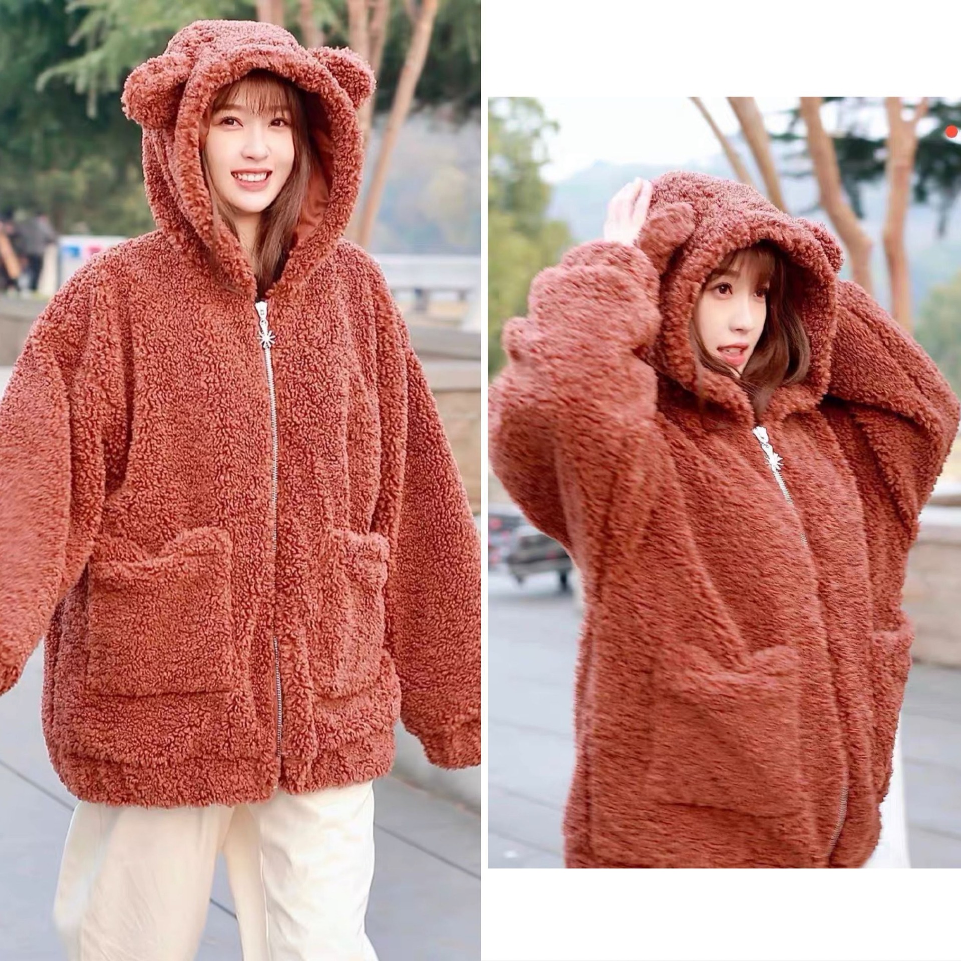 虞书欣同款冬季新款可爱熊耳朵毛茸茸泰迪熊宽松大加服外套女