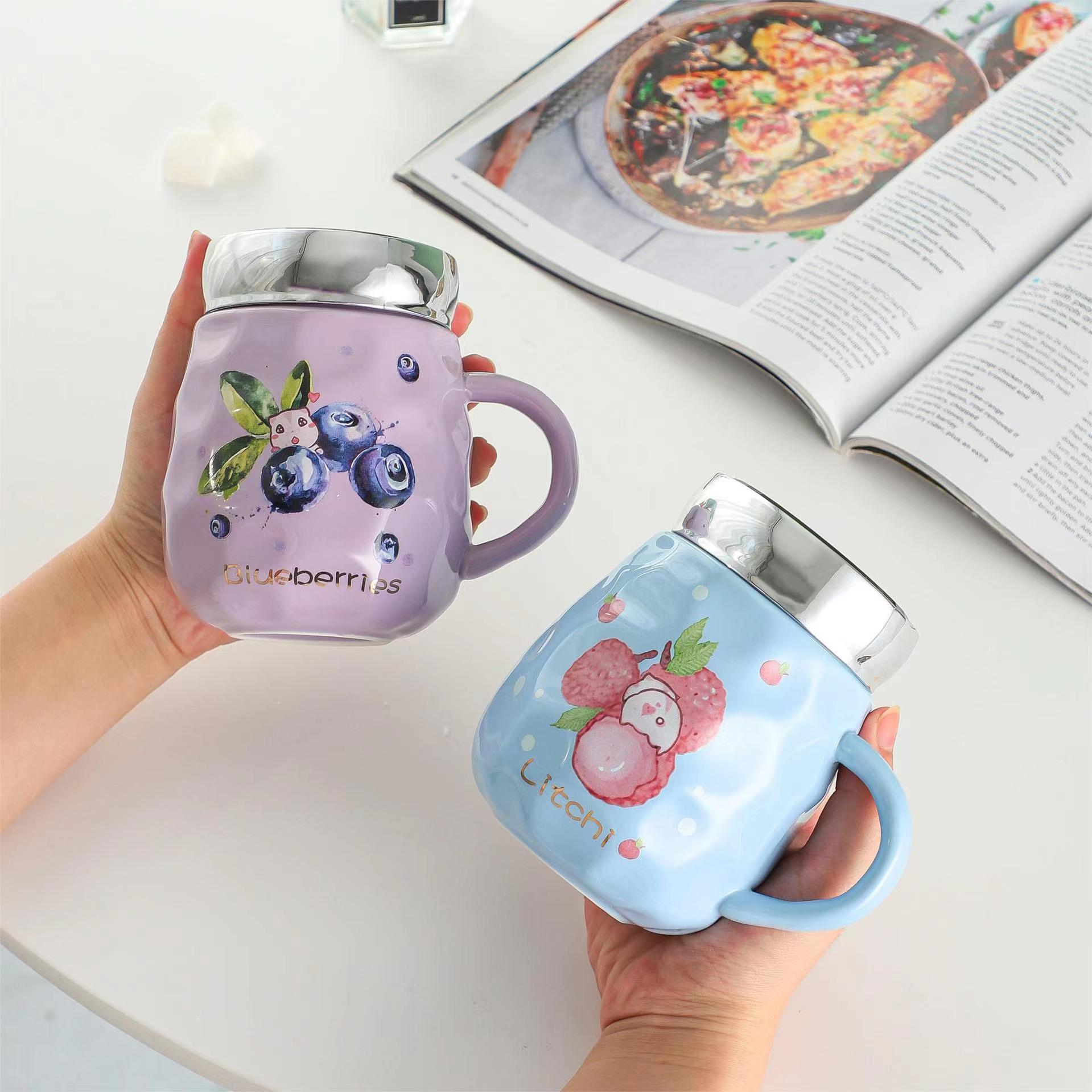 冰凉一夏可爱水果镜面陶瓷杯仿保温盖创意马克杯居家花茶杯咖啡杯