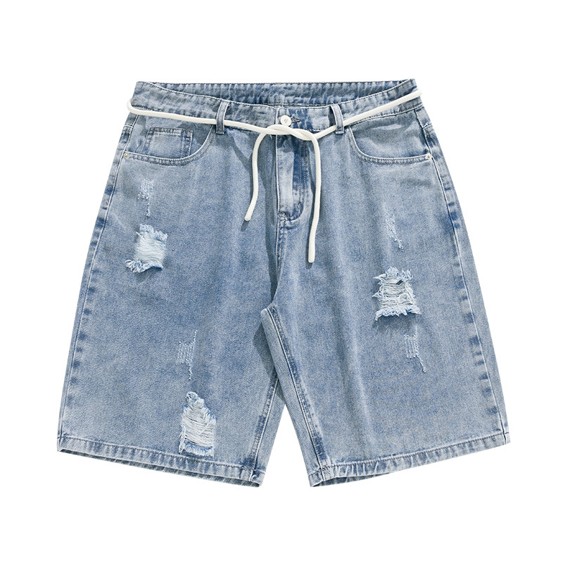 Ripped Denim Shorts Men's Summer Thin Loose Straight Shorts Men's American Casual All-Matching Pants Fashion