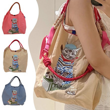 日系高圆圆同款画家猫刺绣购物袋大容量尼龙环保袋手提单肩斜挎包