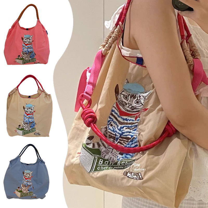 Japanese Same Style as Gao Yuanyuan's Painter Cat Embroidery Shopping Bag Large Capacity Nylon Eco-friendly Bag Portable Shoulder Messenger Bag