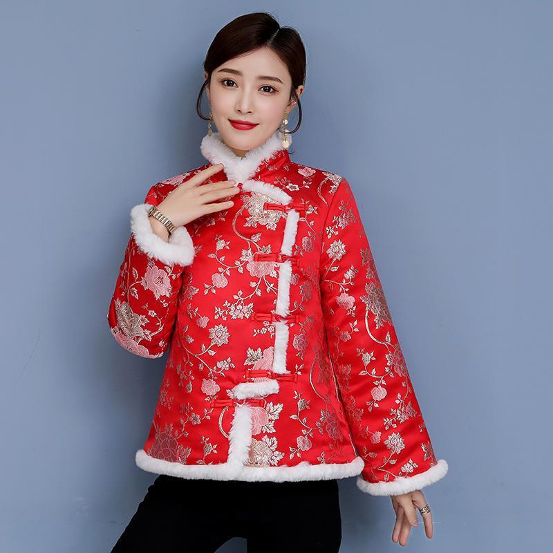 中国风短外套女冬季女装新款棉袄唐装修身上衣夹棉中国红短款棉衣