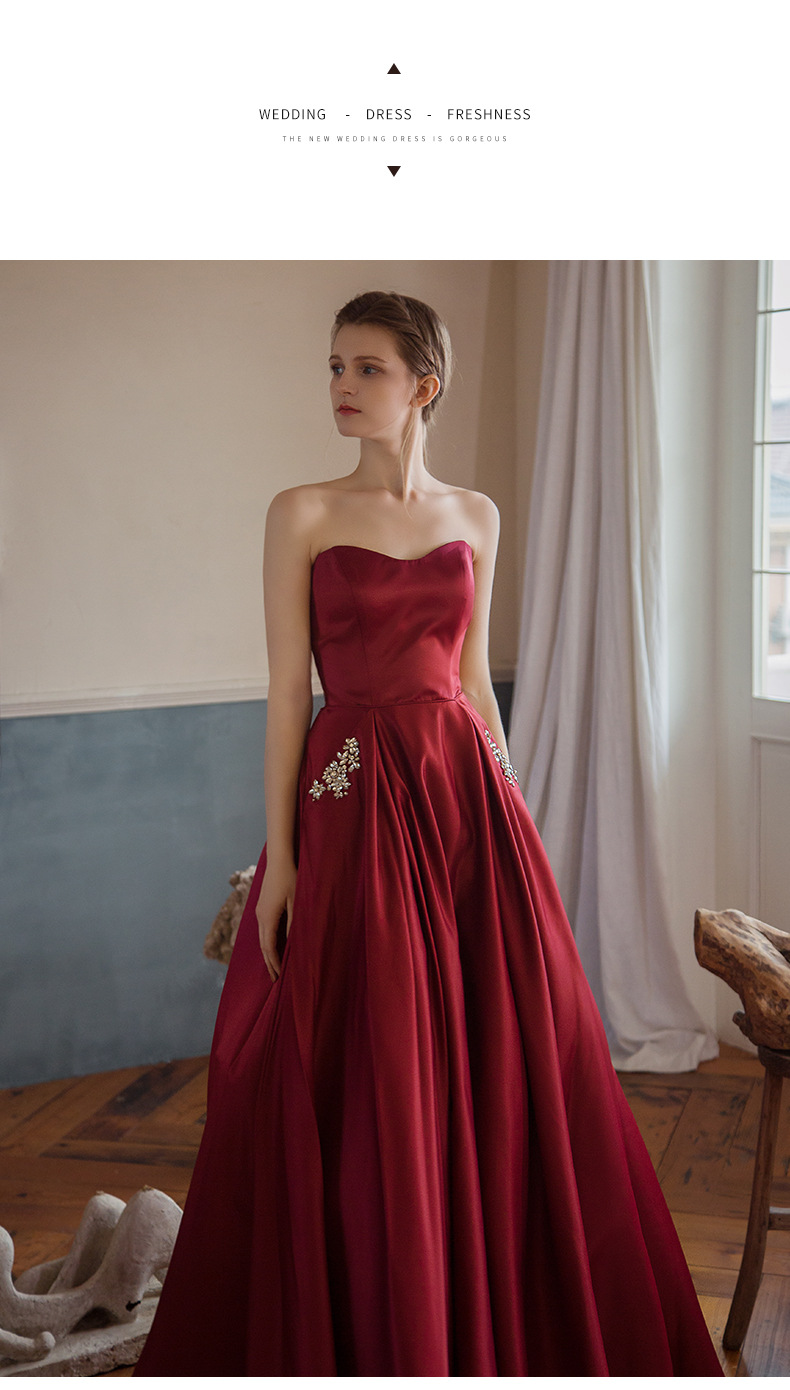 喜工坊《若黎》抹胸晚礼服缎面红色吊带长裙女迎宾敬酒服2022新款