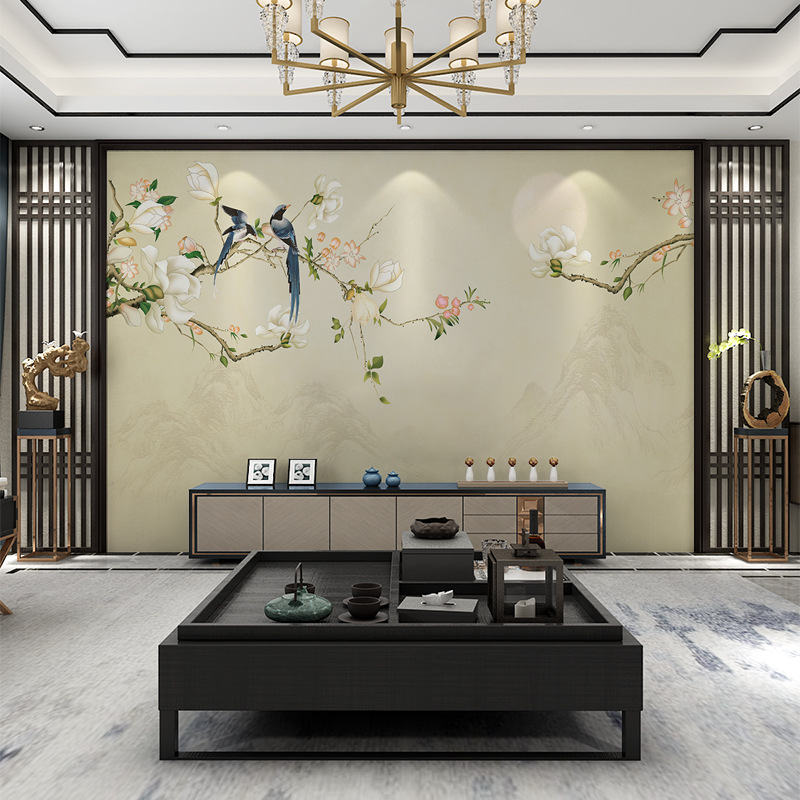 新中式鸟语花香电视背景墙布5d手绘玉兰花鸟卧室壁画客厅沙发壁布
