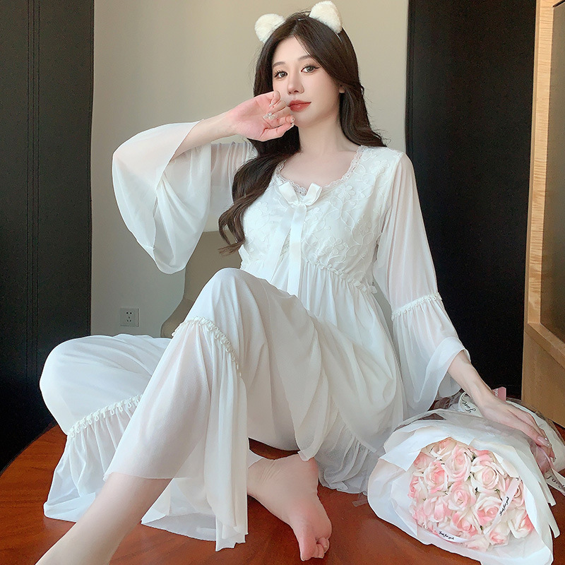 春夏女士睡衣网纱套装甜美韩版女生带胸垫可拆卸学生家居服可外穿
