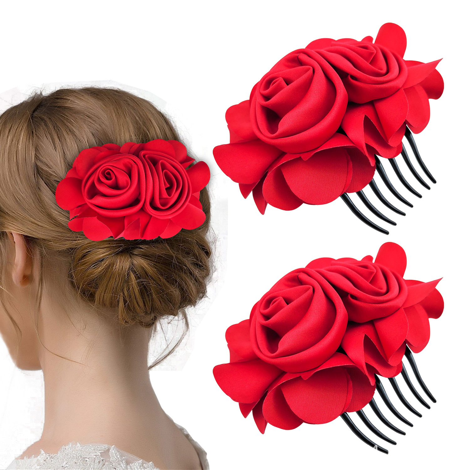 优雅布艺头花发侧梳织物发梳夹玫瑰花婚礼新娘头饰发夹发髻夹发饰