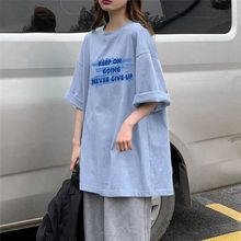 短袖T恤女夏季宽松chic港味设计感oversize天蓝色上衣女