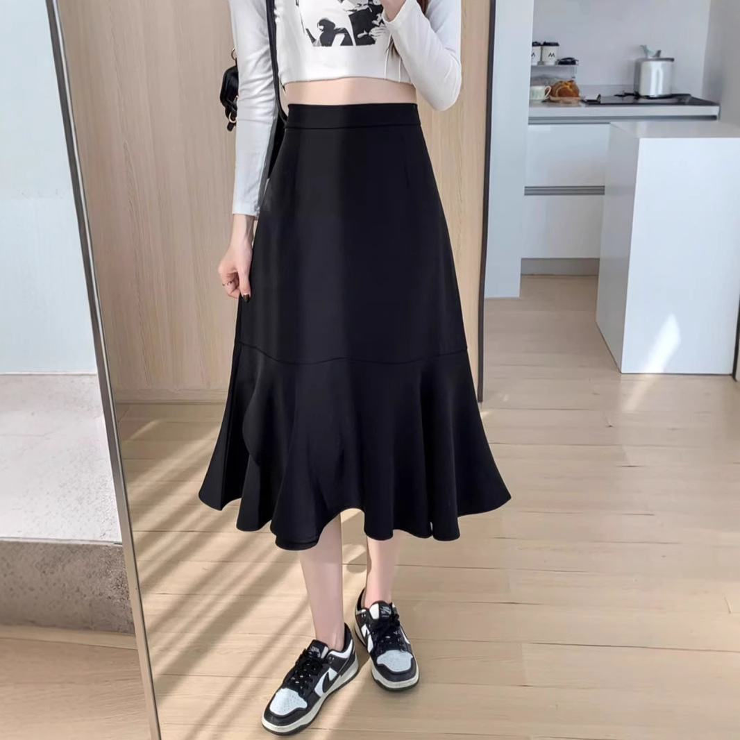 夏季新款黑色鱼尾半身裙女包臀显瘦潮牌时尚a字中长款休闲裙子