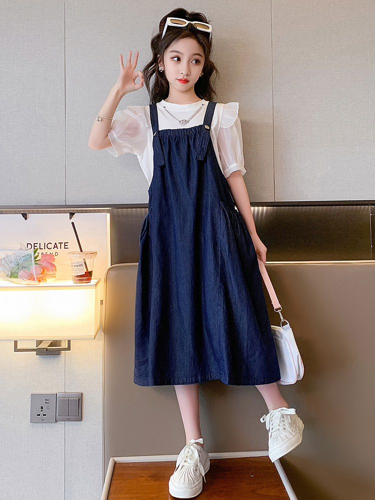 女大童连衣裙套装2024新款夏装洋气女孩牛仔背带裙夏季短袖裙批发