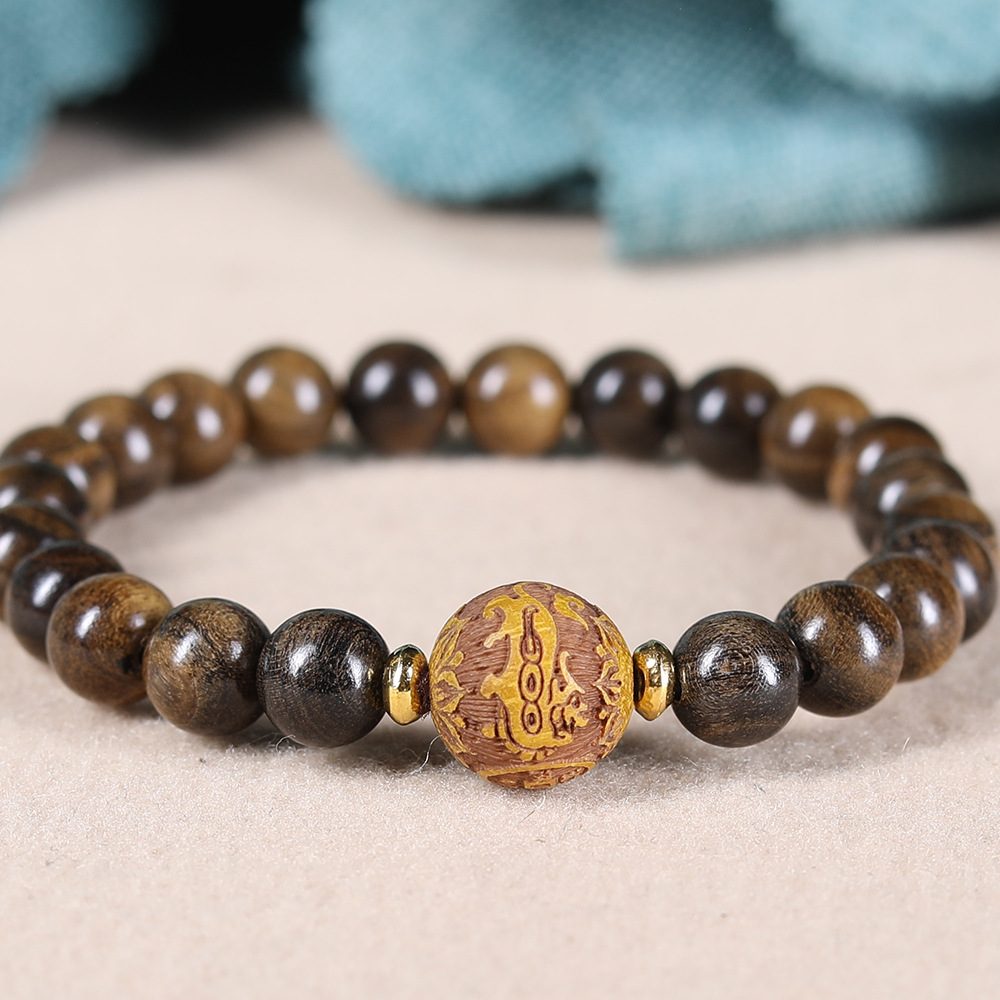 奇楠沉香手链diy黄杨木雕刻招财貔貅隔珠复古风文玩饰品佛珠手串