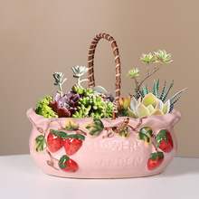 新款田园手提篮子花盆容器批发创意彩绘草莓大小口径多肉花盆园艺