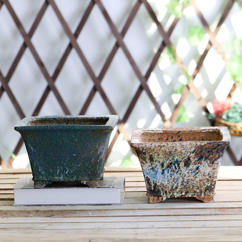 景德镇新款陶瓷多肉植物花盆复古四方大口群生老桩绿植做旧粗陶罐