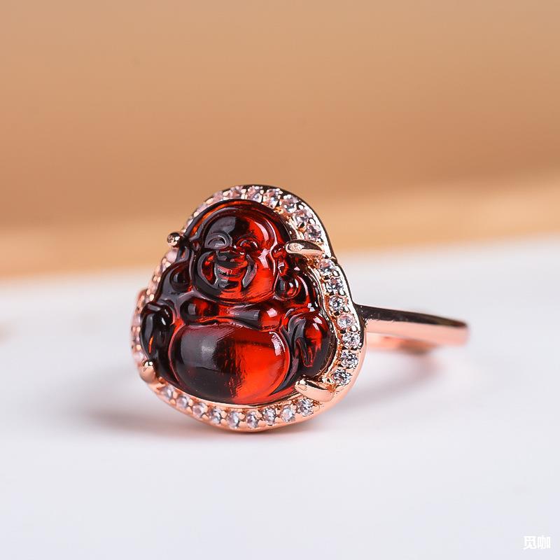 蜜蜡佛公戒指铜镶血珀戒指抖小佛指环音快手小红书直播琥珀货源