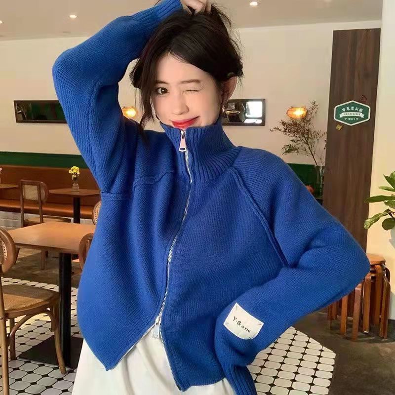 克莱因蓝毛衣外套女慵懒秋冬日系小香风短款加厚高领拉链针织开衫