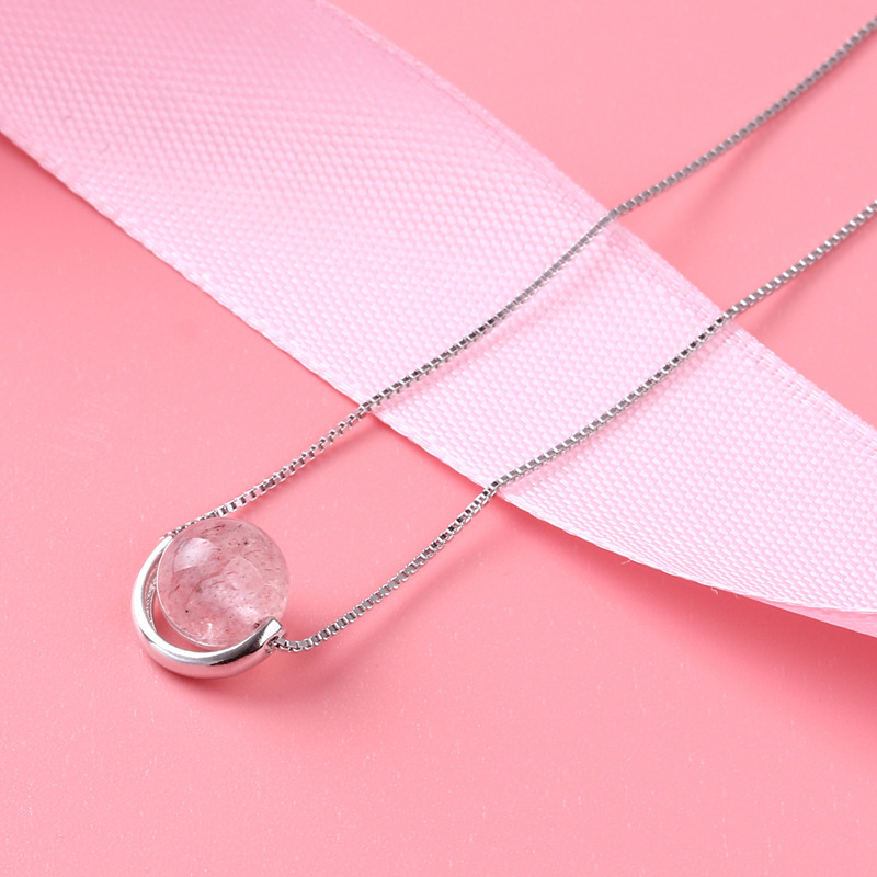 契爱s925银天然石水晶项链女粉色草莓晶项坠好运路路通圆珠项链