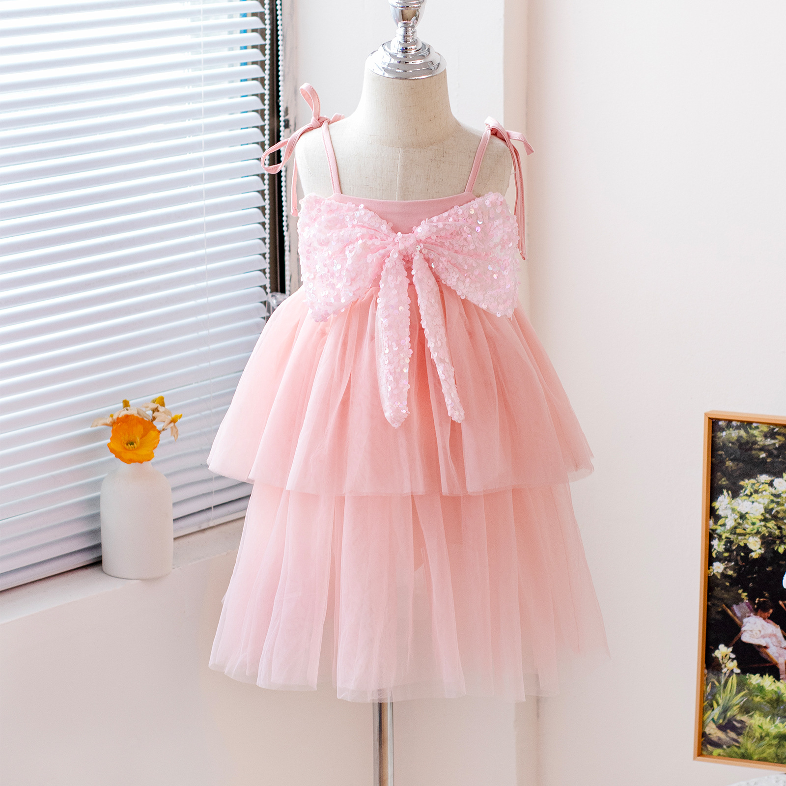 2024夏款新款童装儿童连衣裙女童裙子亮片蝴蝶结连衣裙吊带连衣裙