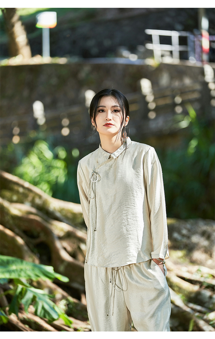 线影复古棉麻衬衫女士年春秋新款亚麻女装圆领显瘦外套上衣189298