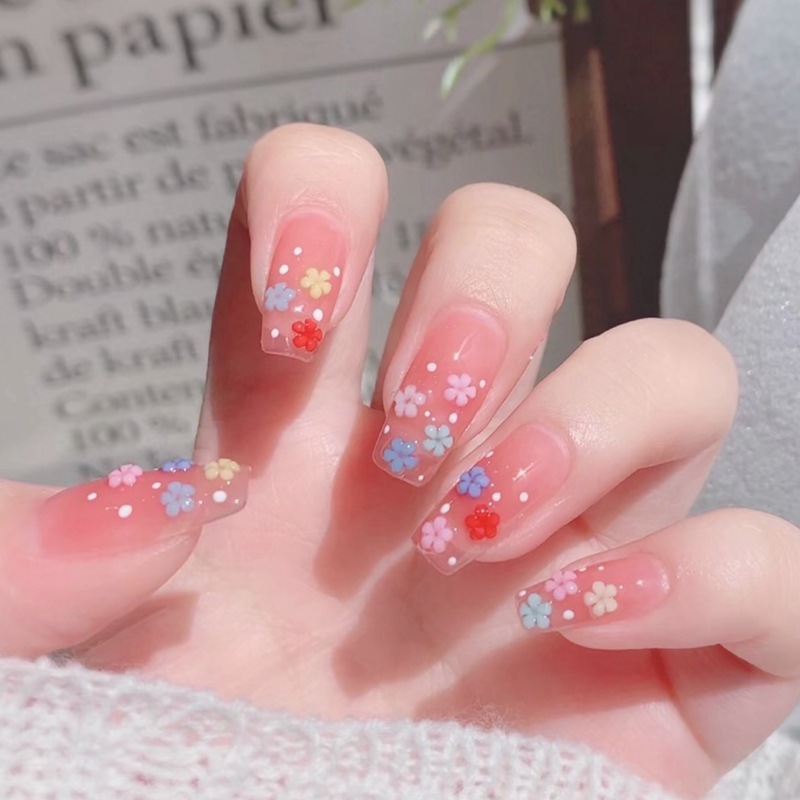 b320花团锦簇穿戴美甲透粉波点立体小花长梯形清新少女假指甲贴片