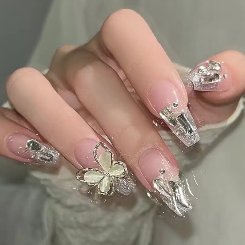 Cat's Eye Big Bowknot Wear Nail Nude Color Full Diamond Fake Nails Advanced Flash Nail Stickers Finished Product Detachable Nail Sticker