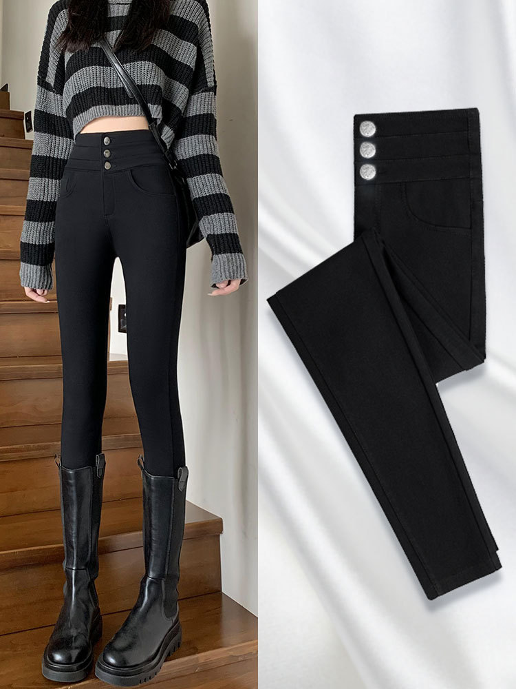 Small Black Pants for Women 2023 Autumn and Winter Tight High Waist Slimming Small plus Velvet Thickened Feet Magical Leggings