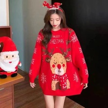 2023冬季新款圣诞红色小鹿卡通毛衣女外穿宽松慵懒风韩版针织上衣