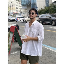 夏季新款韩版透气衬衫休闲宽松棉麻料男士衬衣薄款青年外套