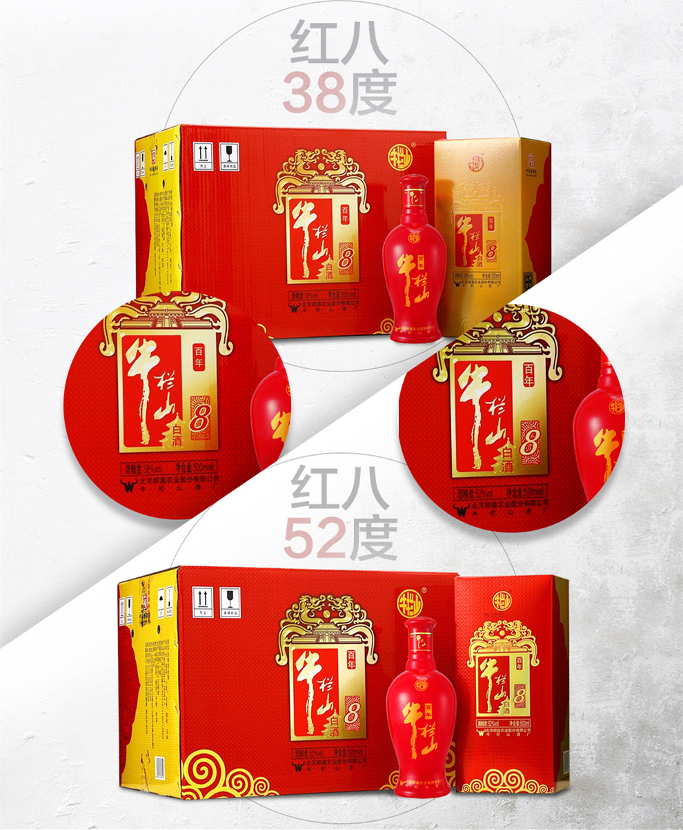 北京牛栏山二锅头百年红八年8年52度500ml*6瓶整箱装白酒批发喜酒