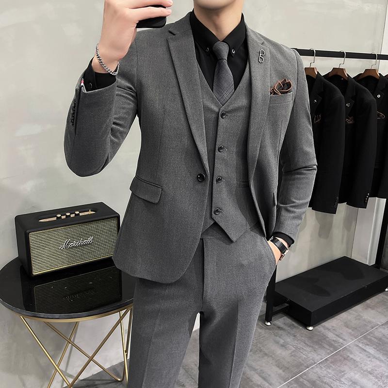 西装套装男款高级感修身商务休闲新郎婚礼男士西服韩版三件套高档