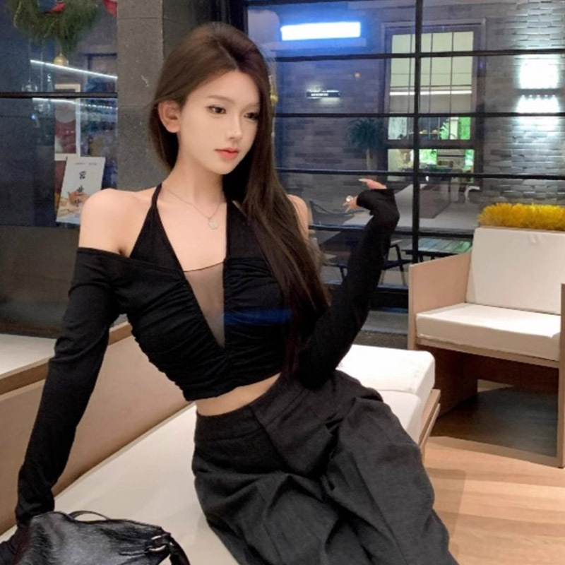 跨境2024新款欲辣妹v领露肩挂脖上衣春秋女性感网纱拼接夜店风t恤