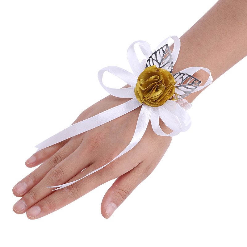 欧美婚礼小道具新郎新娘手腕胸花丝带金叶diy伴娘伴郎手腕花xh074