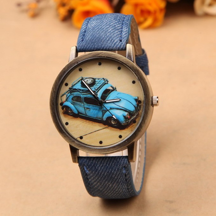 新款上市英伦风老爷车款古铜色男女牛仔布皮带表复古情侣石英手表