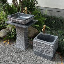 户外天然石头洗手盆庭院水池台盆室外洗手台立柱式洗脸盆花园水槽