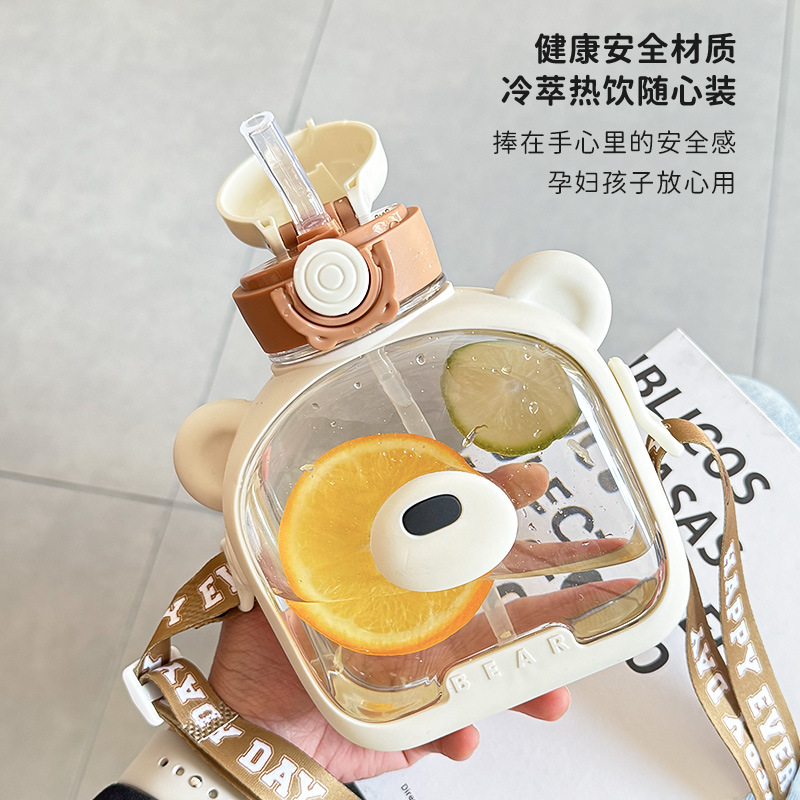 Good-looking Girls' Large Capacity Straw Cup Cartoon Bear Children's Net Red Square Water Cup Student Plastic Kettle