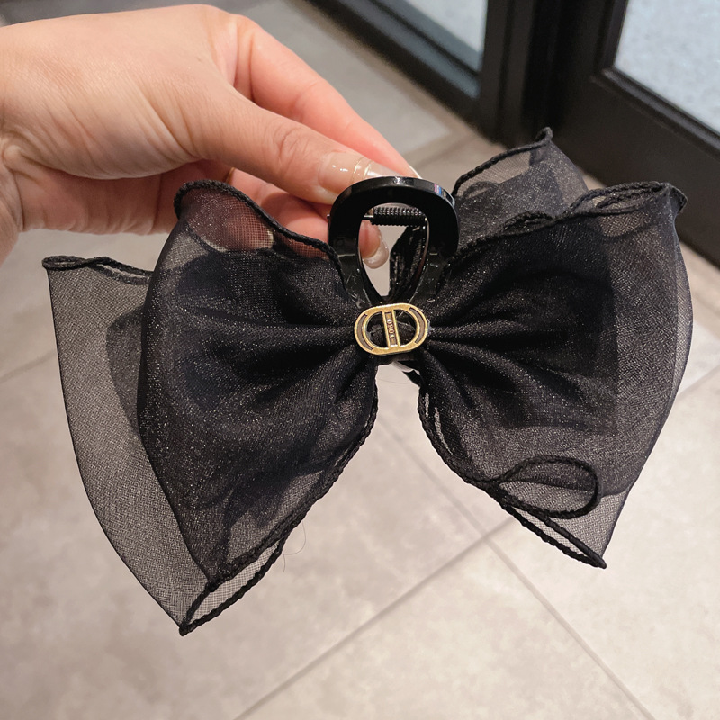 公主头黑色双面蝴蝶结头饰发夹女春夏后脑勺大号抓夹高级鲨鱼夹子