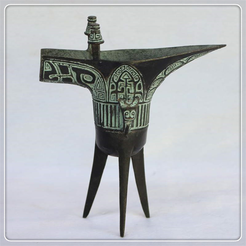 玉之星青铜器纯铜仿古做旧酒杯摆件青铜爵摆件龙爵三角酒杯