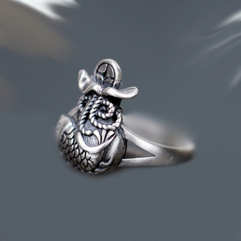 鲤鱼福袋铜钱戒指泰银做旧气质个性小鱼锦鲤开口食指环电商货源