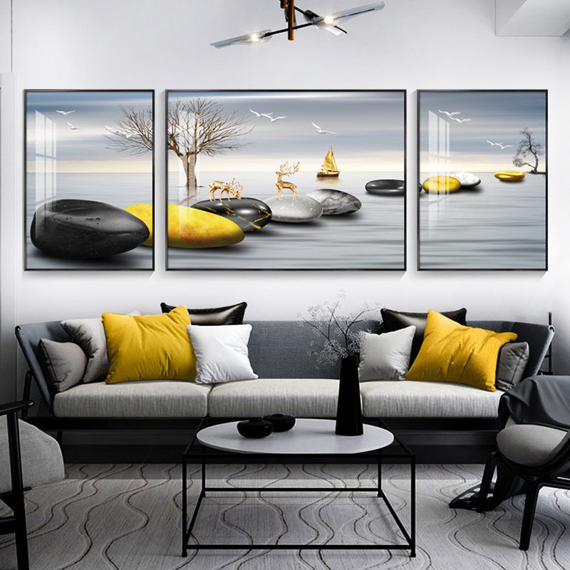 装饰画客厅挂画沙发背景墙风水运转大气简约抽象现代三联墙画壁画