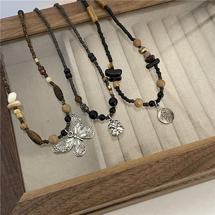 Coffee Color Series Bead Natural Stone Beaded Necklace Design Artistic Retro New Chinese Old Silver Pendant Clavicle